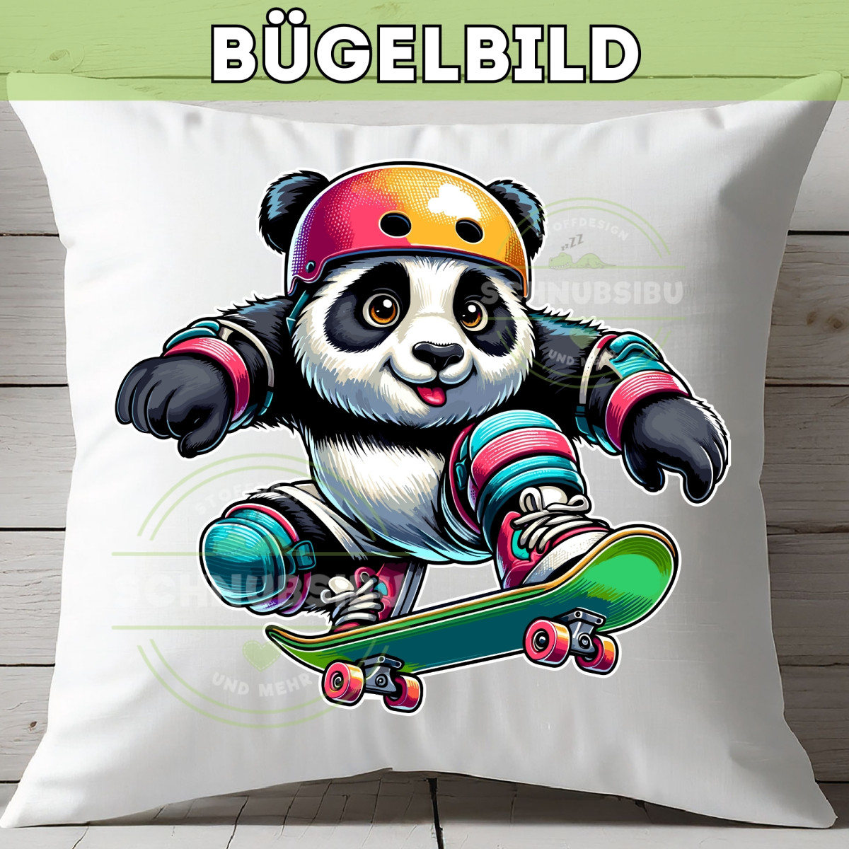 Bügelbild Panda auf Skateboard